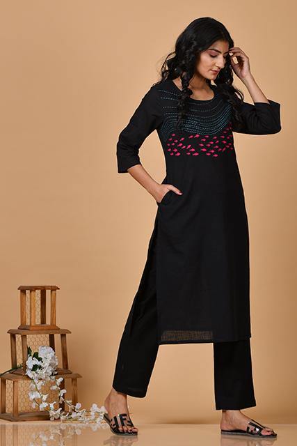 Black Kurta With Hand Embroidered Fishes - Indirookh