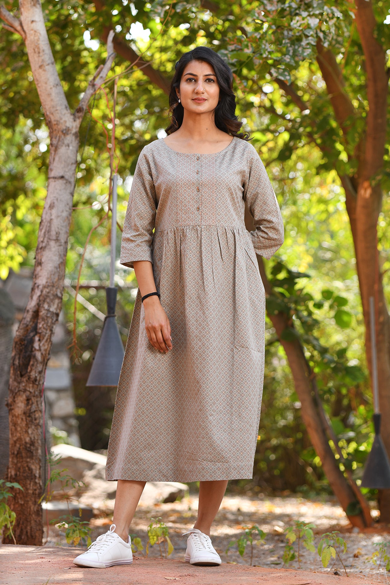 Grey Long Dress in Printed Cotton