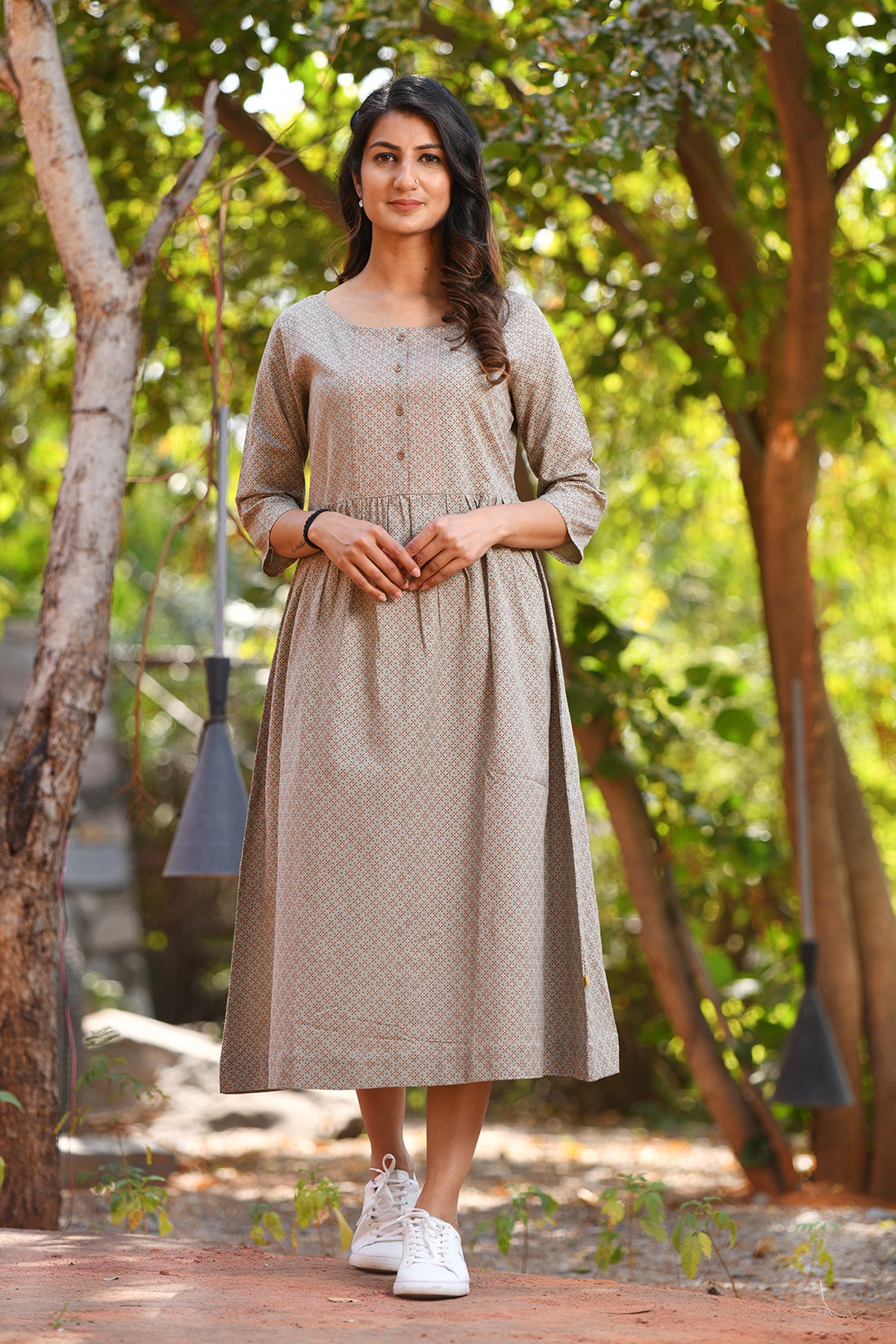 Grey Long Dress in Printed Cotton