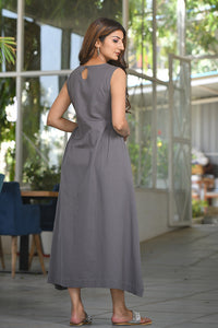 Sleeveless Dress in  Grey Cotton Linen with Hand Embroidery