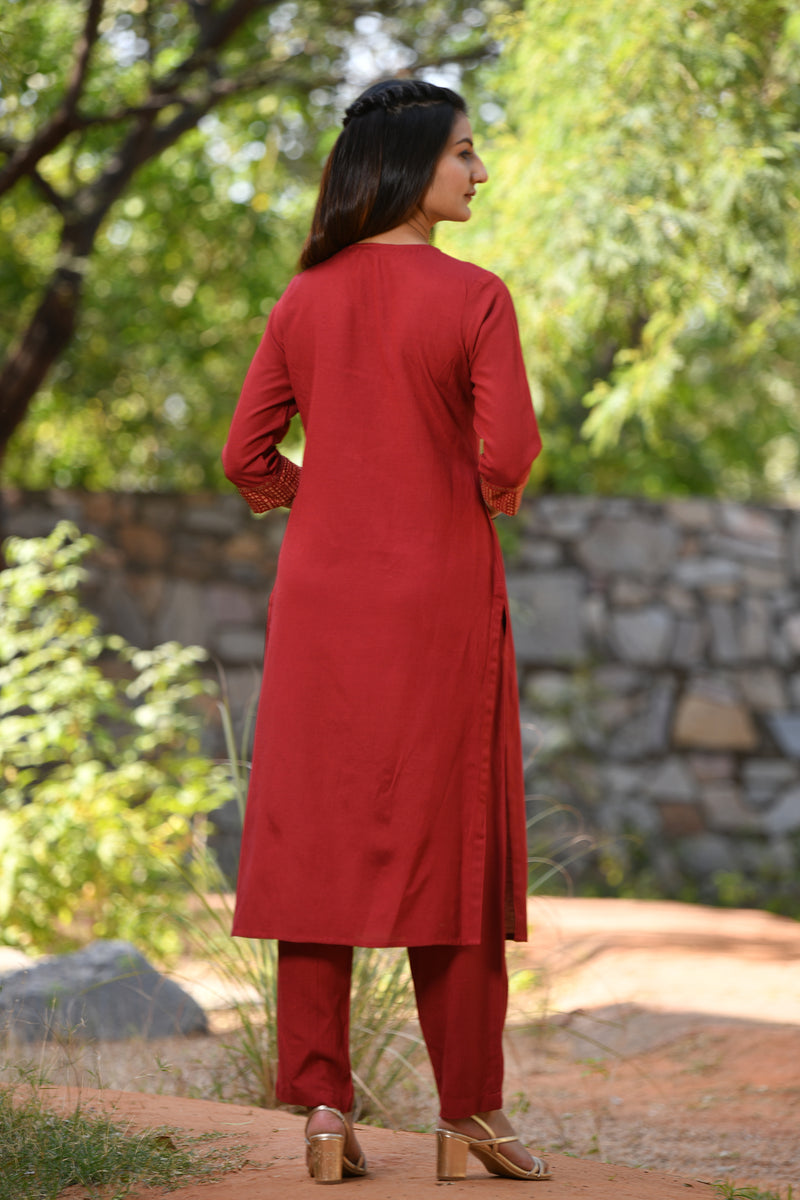 Ajarakh Detail Linen Blend Kurta Red