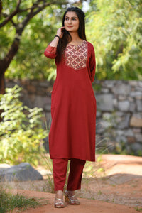 Ajarakh Detail Linen Blend Kurta Red