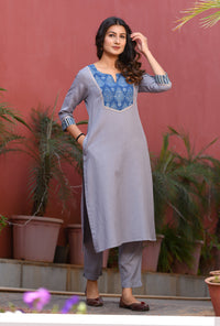 Ajarakh Detail Linen Blend Kurta Indigo