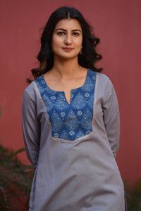 Ajarakh Detail Linen Blend Kurta Indigo