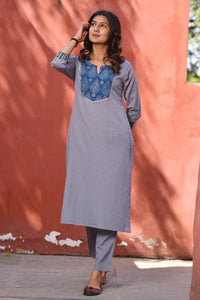 Ajarakh Detail Linen Blend Kurta Indigo