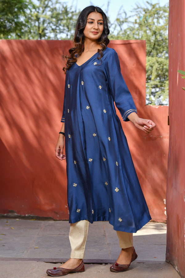 Embroidered Modal Kurta in Navy Blue