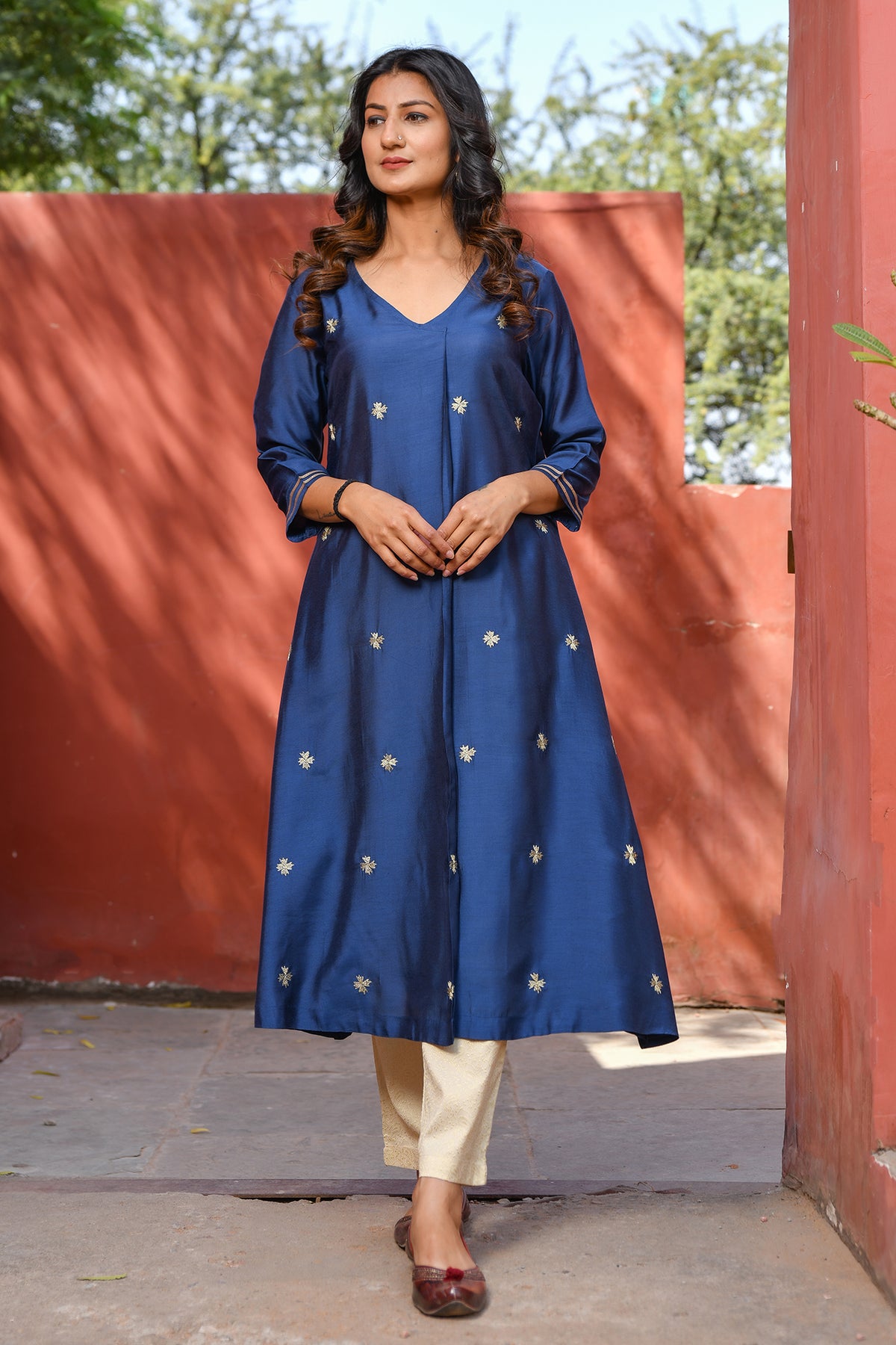 Embroidered Modal Kurta in Navy Blue