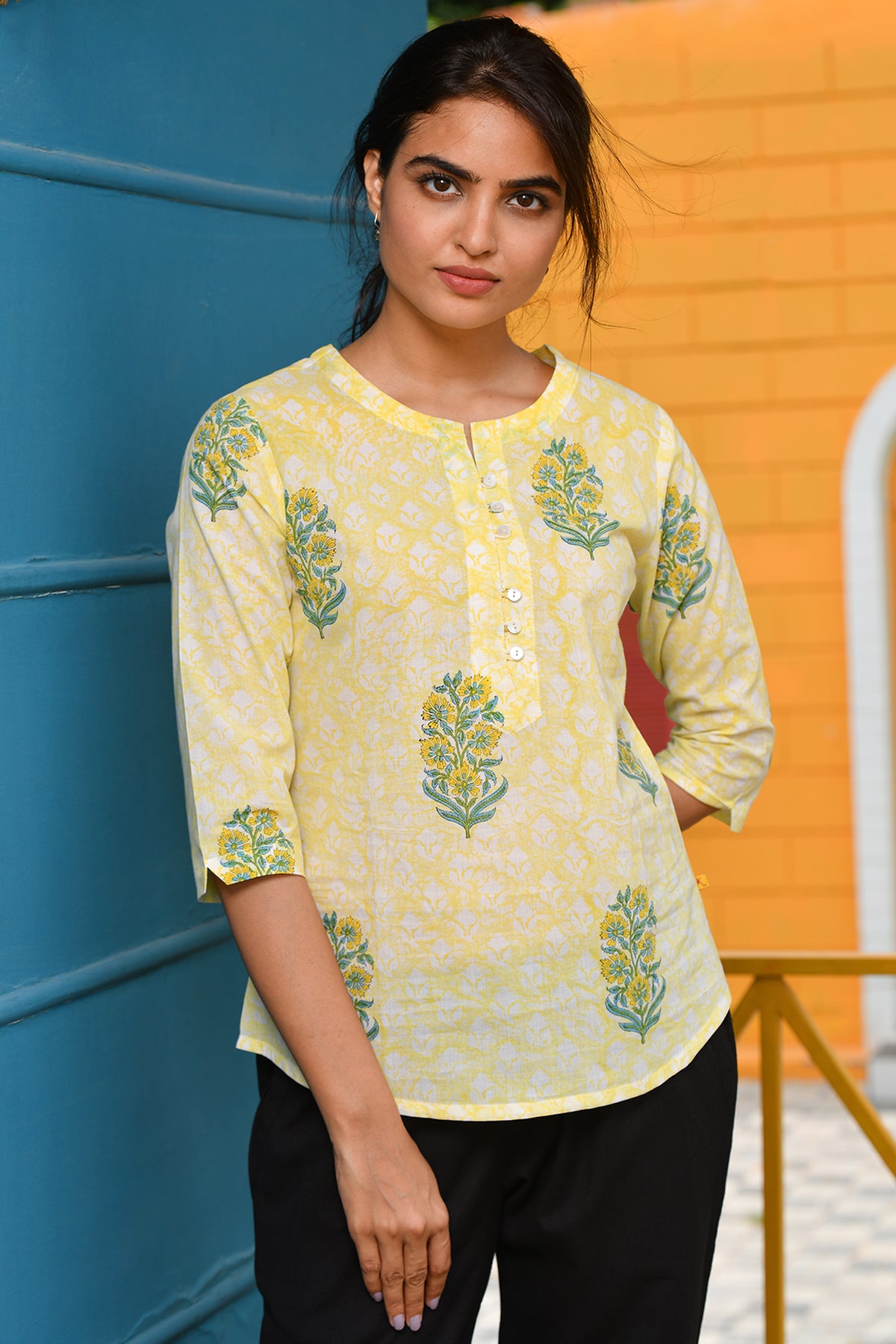 Mughal Print Tunic in Soft Cotton Voile Yellow