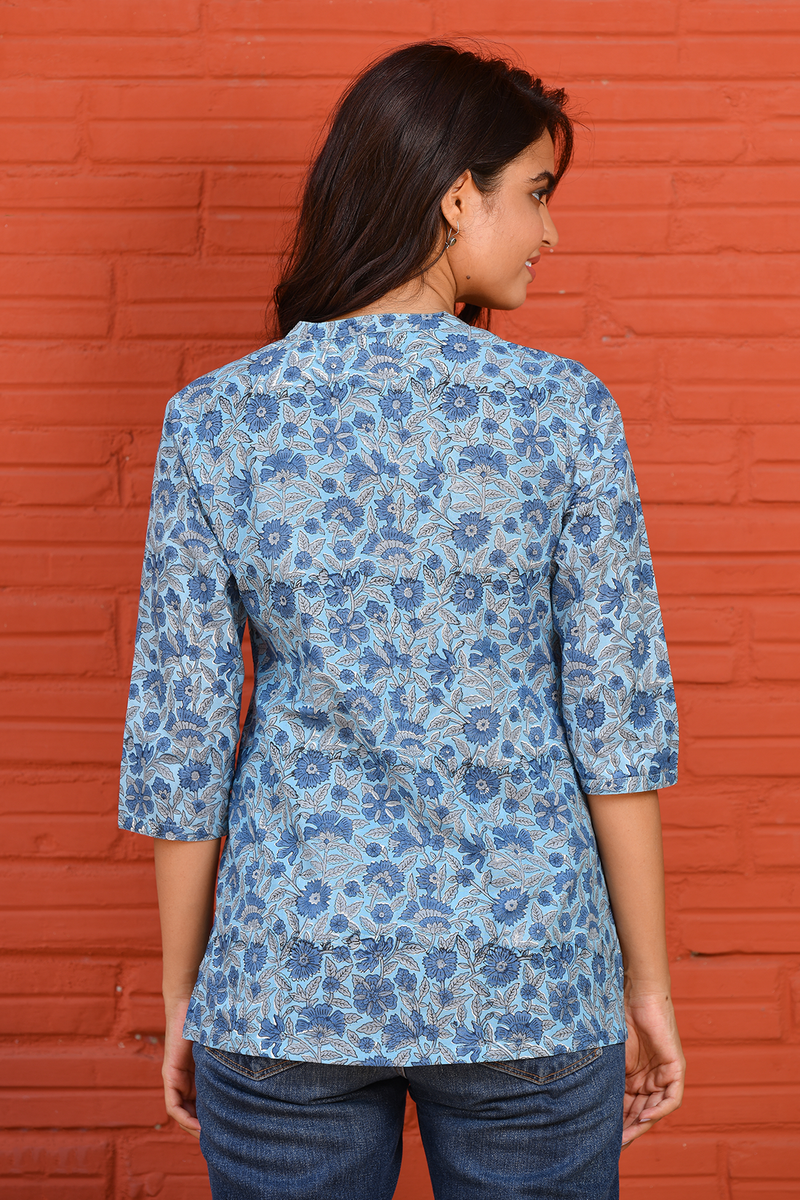 Short Tunic in Chinese Collar Blue