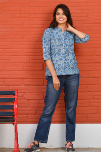 Short Tunic in Chinese Collar Blue