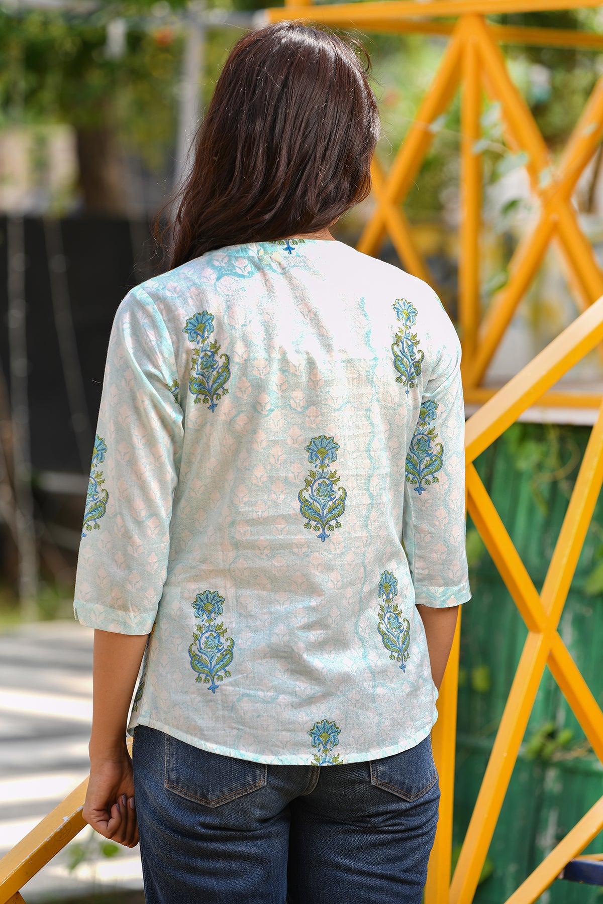 Mughal Print Tunic in Soft Cotton Voile Blue