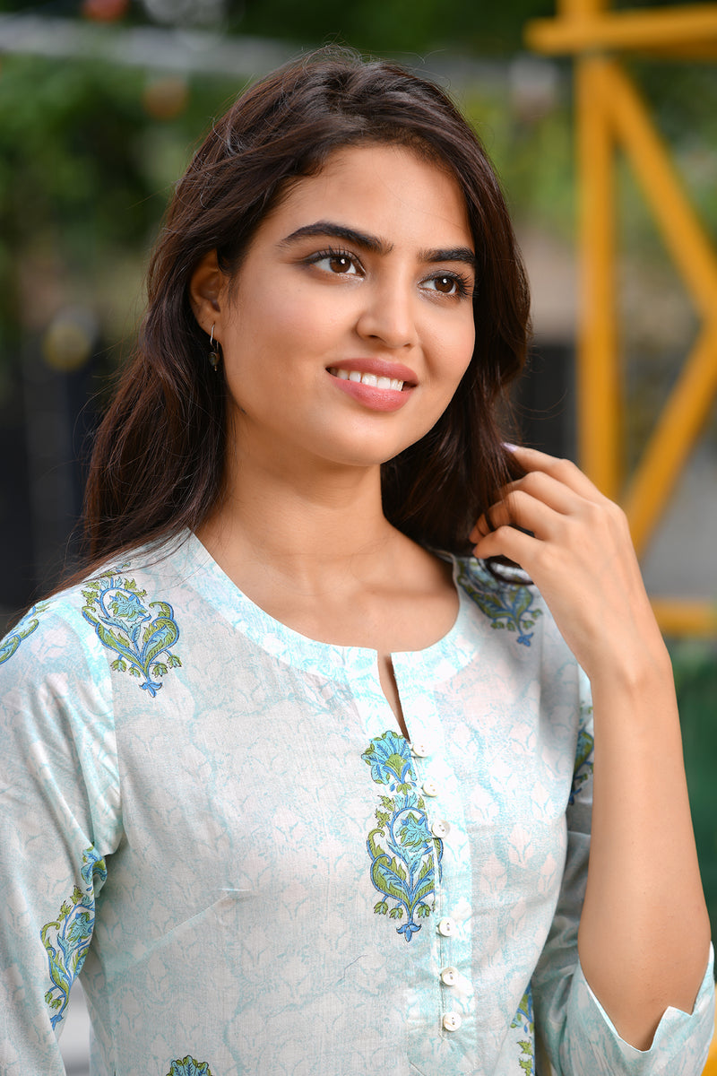 Mughal Print Tunic in Soft Cotton Voile Blue