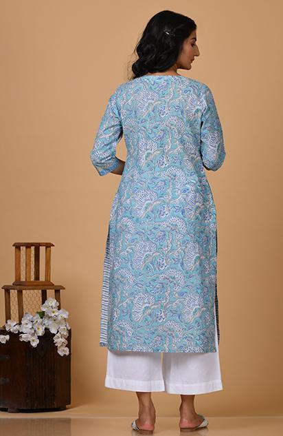 Hand Block Printed Kurta with Subtle Silver Zari Embroidery - Indirookh