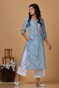 Hand Block Printed Kurta with Subtle Silver Zari Embroidery - Indirookh