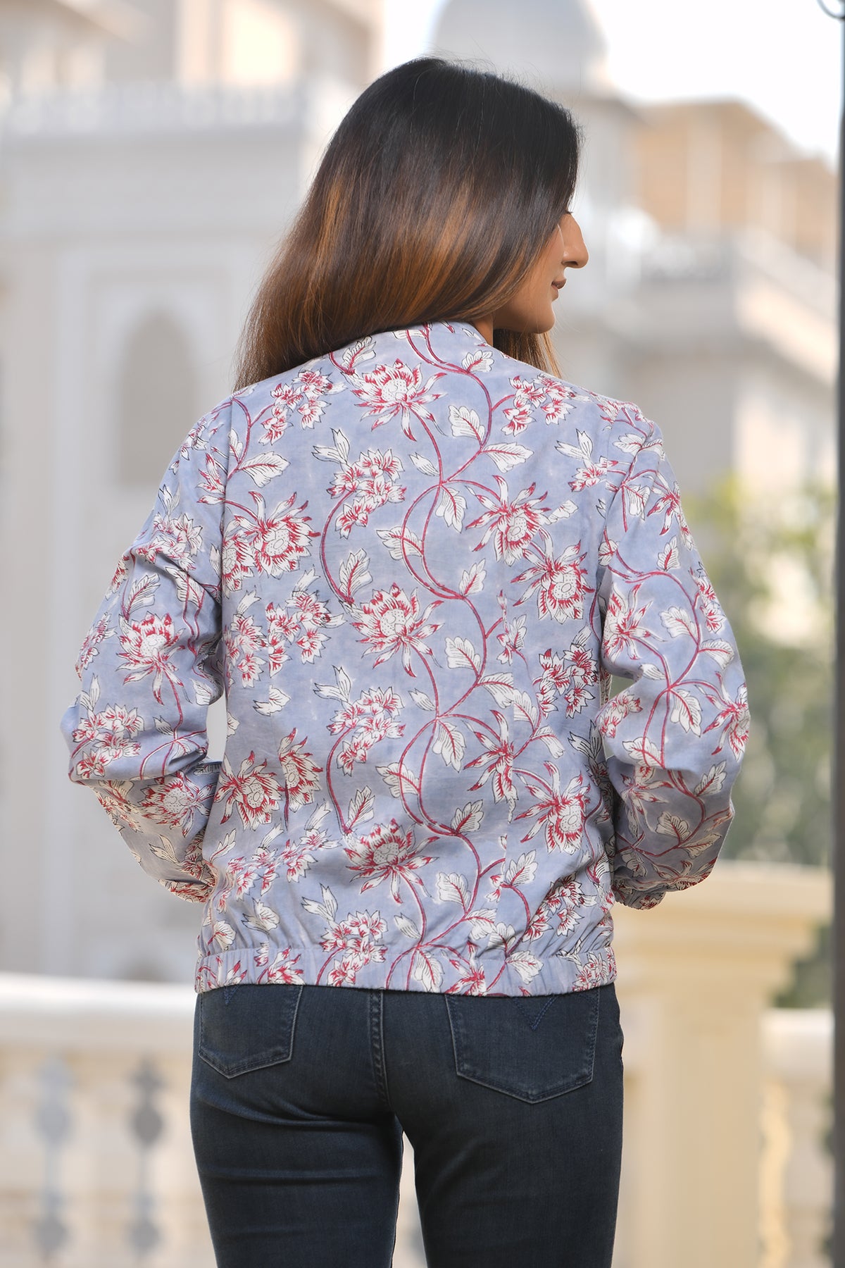 Printed Zippered Jacket with Sleeves in Grey