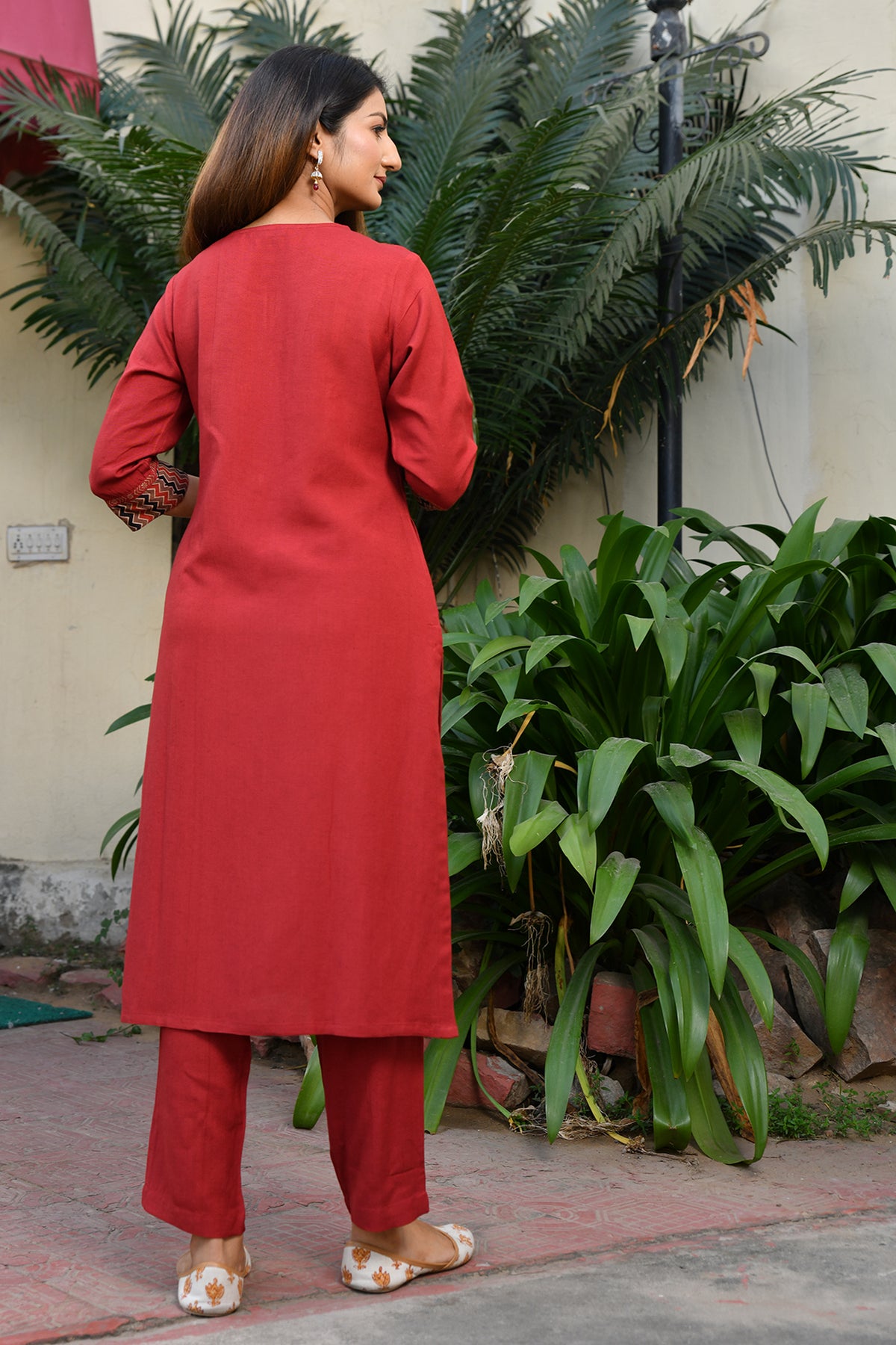 Ajarakh Detail Linen Kurta Red